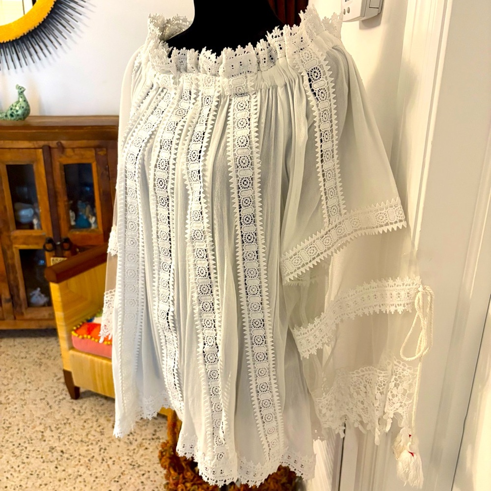 POL Anthropologie New White Bohemian Romantic White Lace & Tassels Top! Medium - Picture 2 of 13